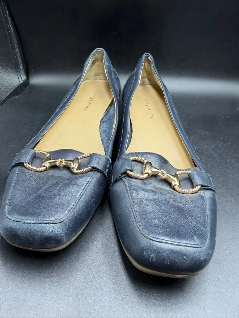 Easy spirit Classic Navy Leather Women’s Loafers with Gold Bit Detail